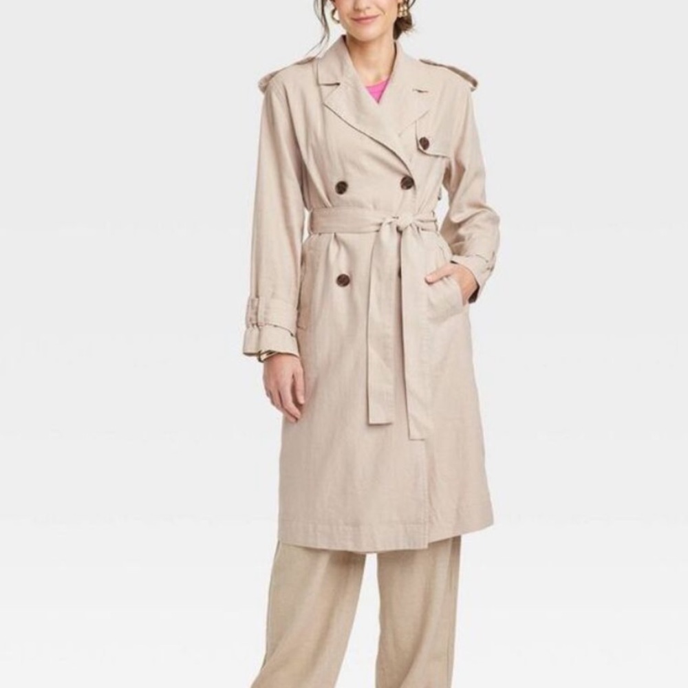 Linen belted trench coat -khaki neutral tan color, midi length, button front
